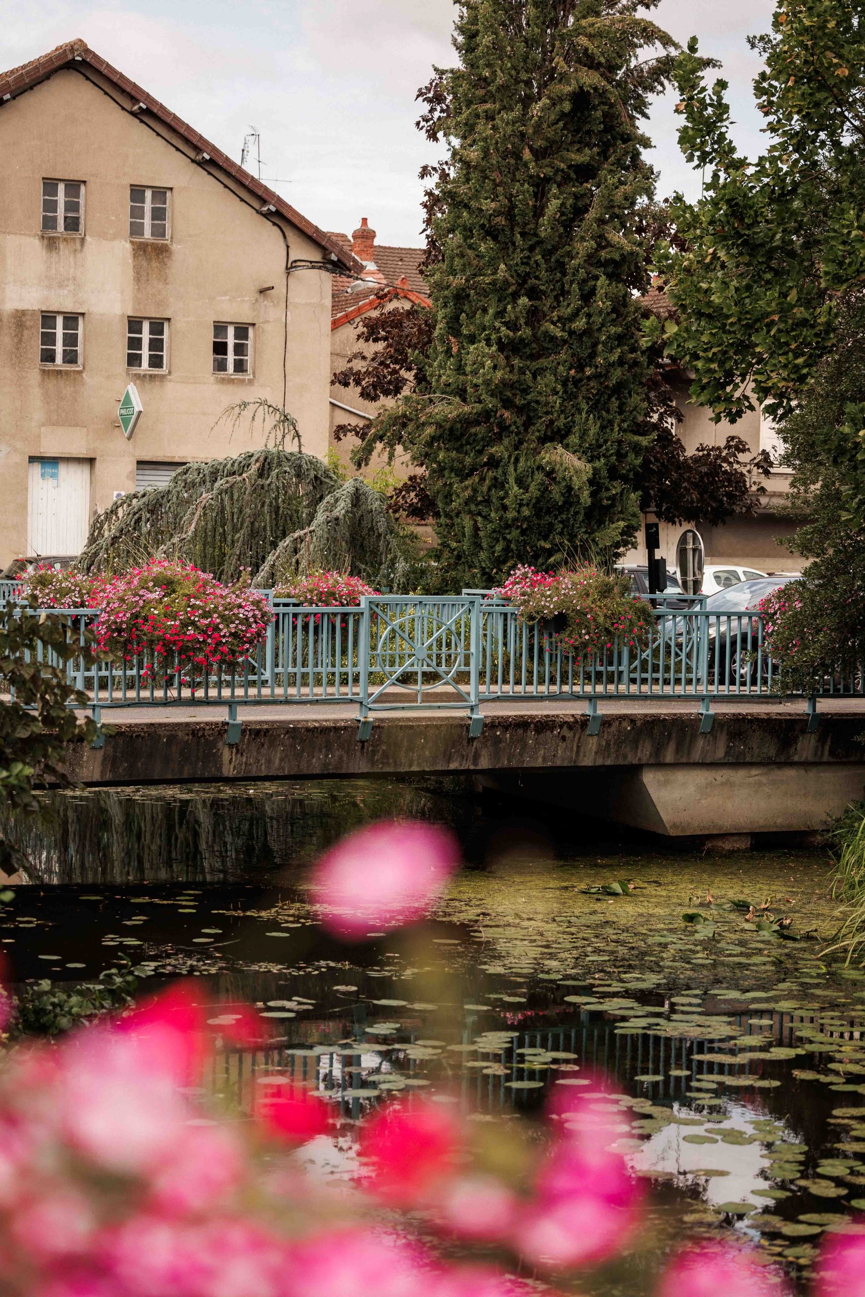 Passerelle au bord de l’eau lors de notre balade à Louhans