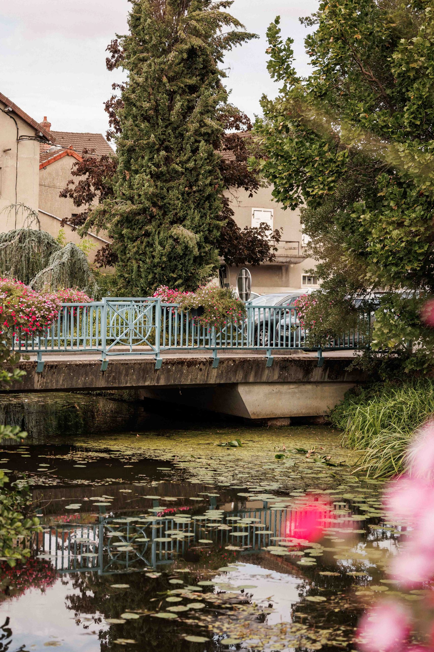 Passerelle au bord de l’eau lors de notre balade à Louhans